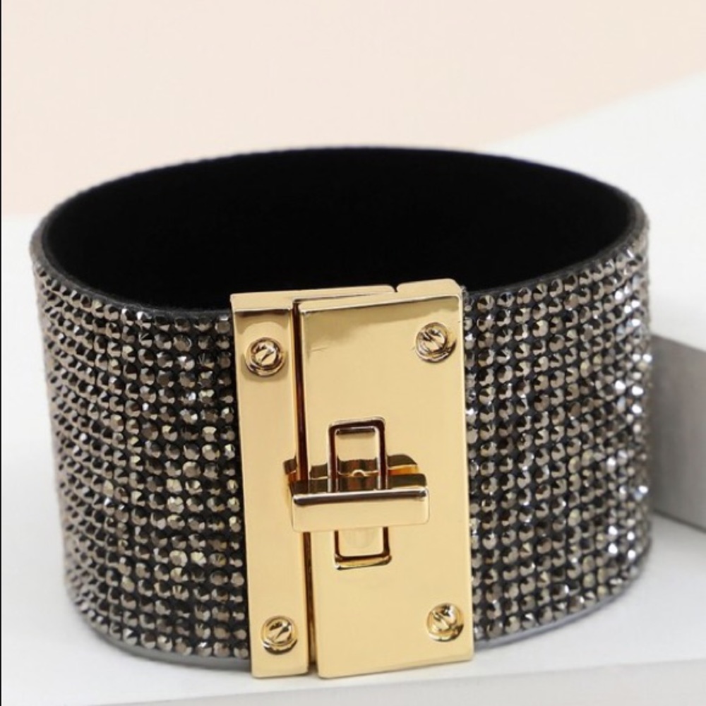Rhinestone embellished lock closure cuff bracelet